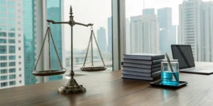 Scales of justice on a desk, used for choosing professional liability insurance limits.