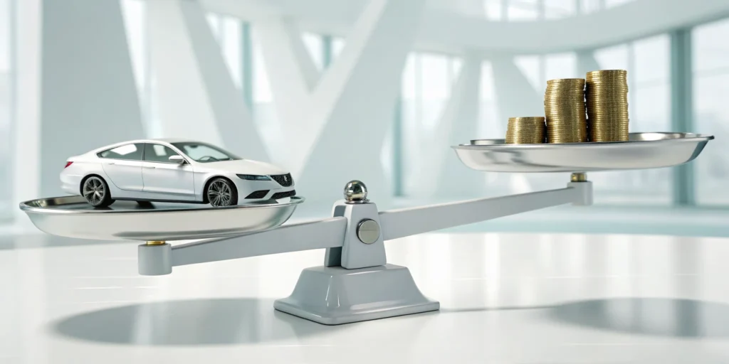 A scale weighing a car against money to determine the right underinsured motorist coverage limits.