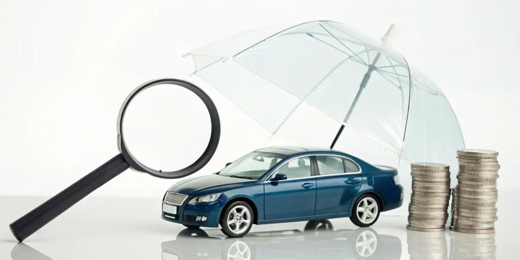 A magnifying glass examines a car, umbrella, and coins for affordable full coverage auto insurance.