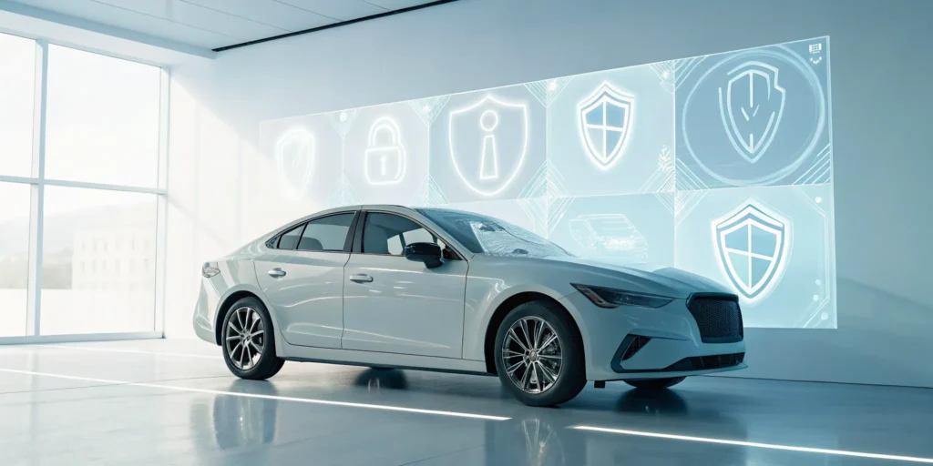 Modern white car with security icons for a full coverage car insurance quote.