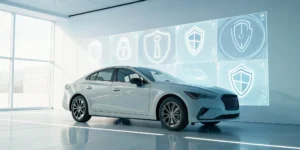 Modern white car with security icons for a full coverage car insurance quote.