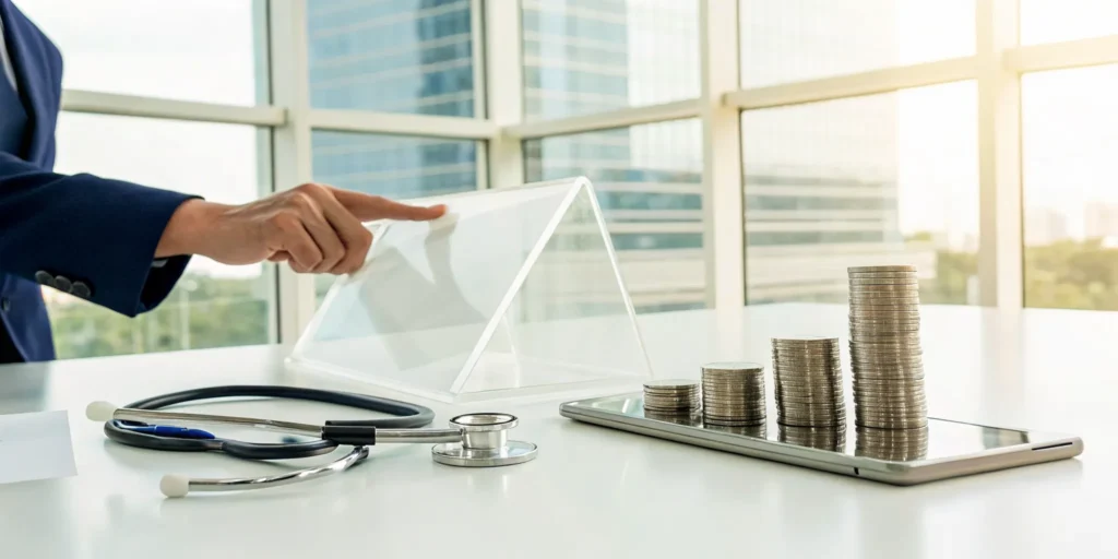 A stethoscope and coins on a tablet showing medical payments coverage limits.