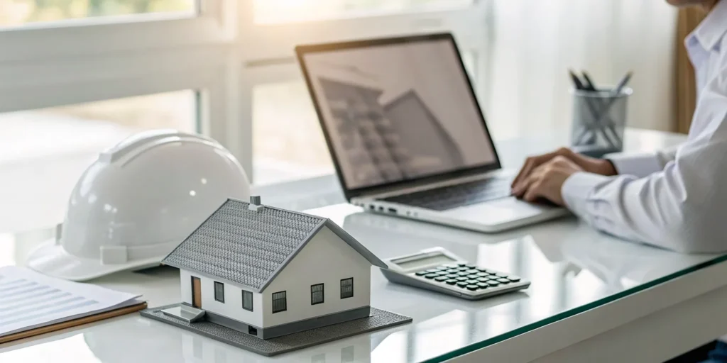 Calculating the dwelling coverage amount for a home using a laptop and calculator.