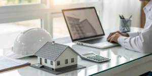Calculating the dwelling coverage amount for a home using a laptop and calculator.