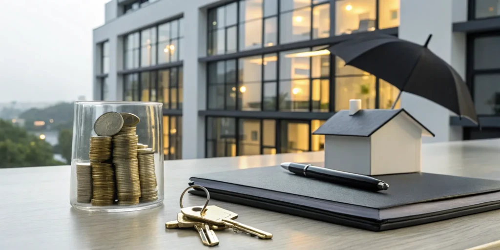 A house model and jar of coins protected by an umbrella from landlord loss of rent.