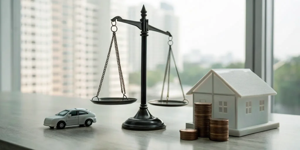 A scale balancing the cost of property damage liability limits against a car and a house.