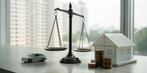 A scale balancing the cost of property damage liability limits against a car and a house.