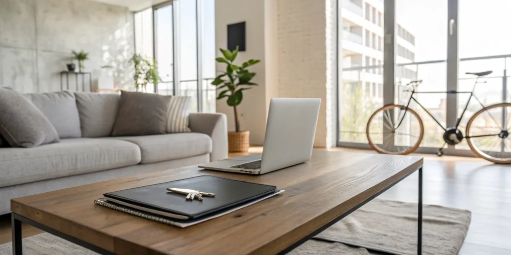 A person researching a renters insurance policy on their laptop in a living room.
