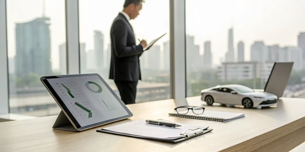Reviewing car insurance coverage with a checklist, toy car, and tablet with policy charts.