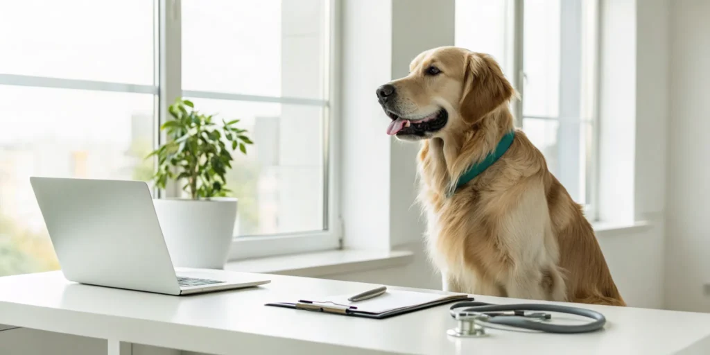 Golden retriever at a desk with a laptop researching the best pet insurance for dogs.