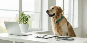 Golden retriever at a desk with a laptop researching the best pet insurance for dogs.