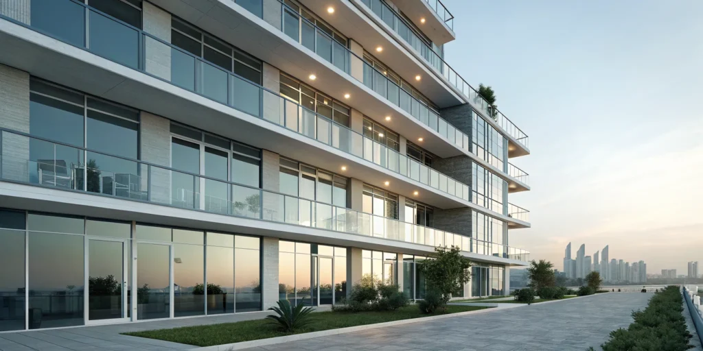 Modern condo building where owners are covered by reciprocal insurance.