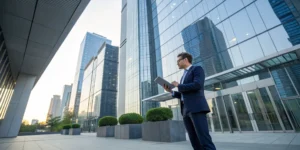 A landlord reviews commercial property insurance on a tablet outside his building.