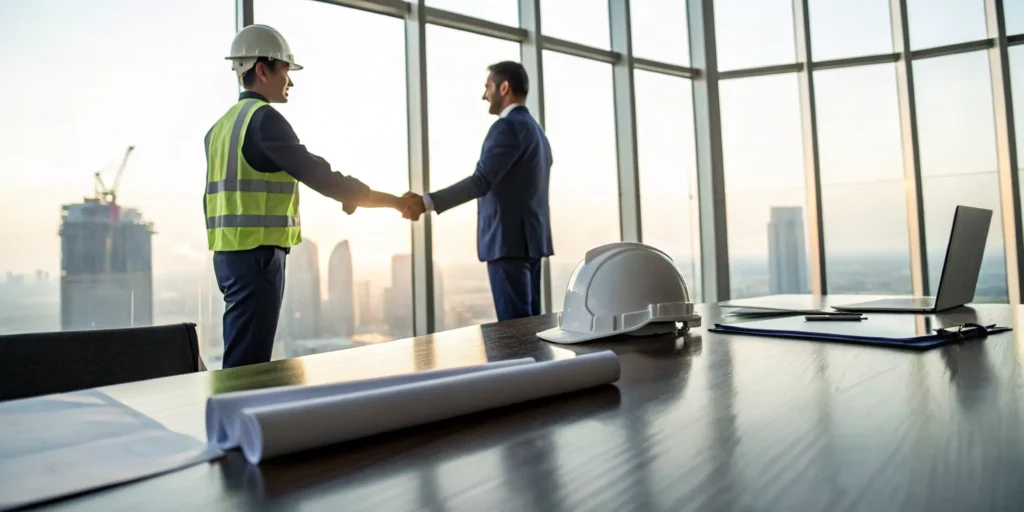 Contractor and insurance agent shaking hands to finalize a general liability insurance policy.