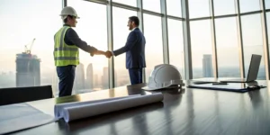Contractor and insurance agent shaking hands to finalize a general liability insurance policy.