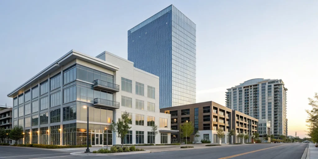 Modern commercial property buildings protected by commercial landlord insurance.