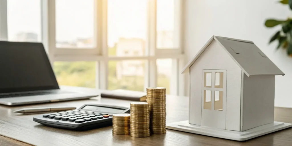 Calculating the cost of homeowners insurance with a house model, calculator, and coins.