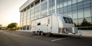 A travel trailer ready for the road with a comprehensive RV insurance policy.